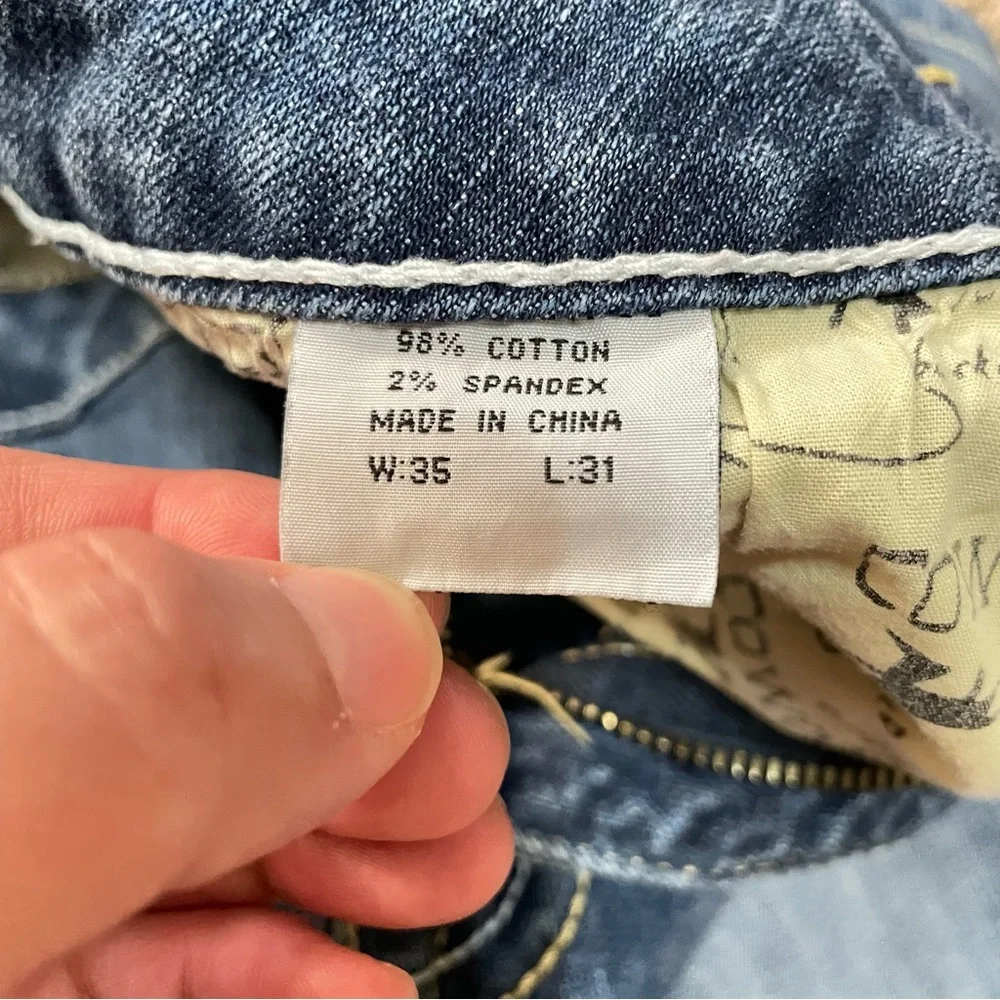 Womens Cowgirl Tuff Don't Fence Me‎ In Blue Denim Boot Jeans Size 35x31
